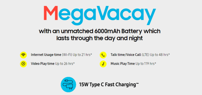 Samsung Galaxy M31 battery and performance specifications - MegaVacay Fast Charging powered by unmatched 6000 mAh battery.